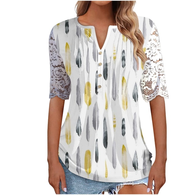 Blusa informal de manga corta con cuello en V y malla de encaje con estampado floral para mujer OAVQHLG3B Store lin121212