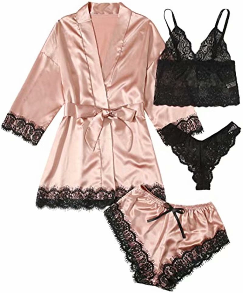 Women's Sleepwear 4pcs Floral Lace Trim Satin Cami Pajama Set with Robe Pink 4pcs M
