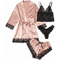 thumbnail image 1 of Women's Sleepwear 4pcs Floral Lace Trim Satin Cami Pajama Set with Robe Pink 4pcs M, 1 of 6