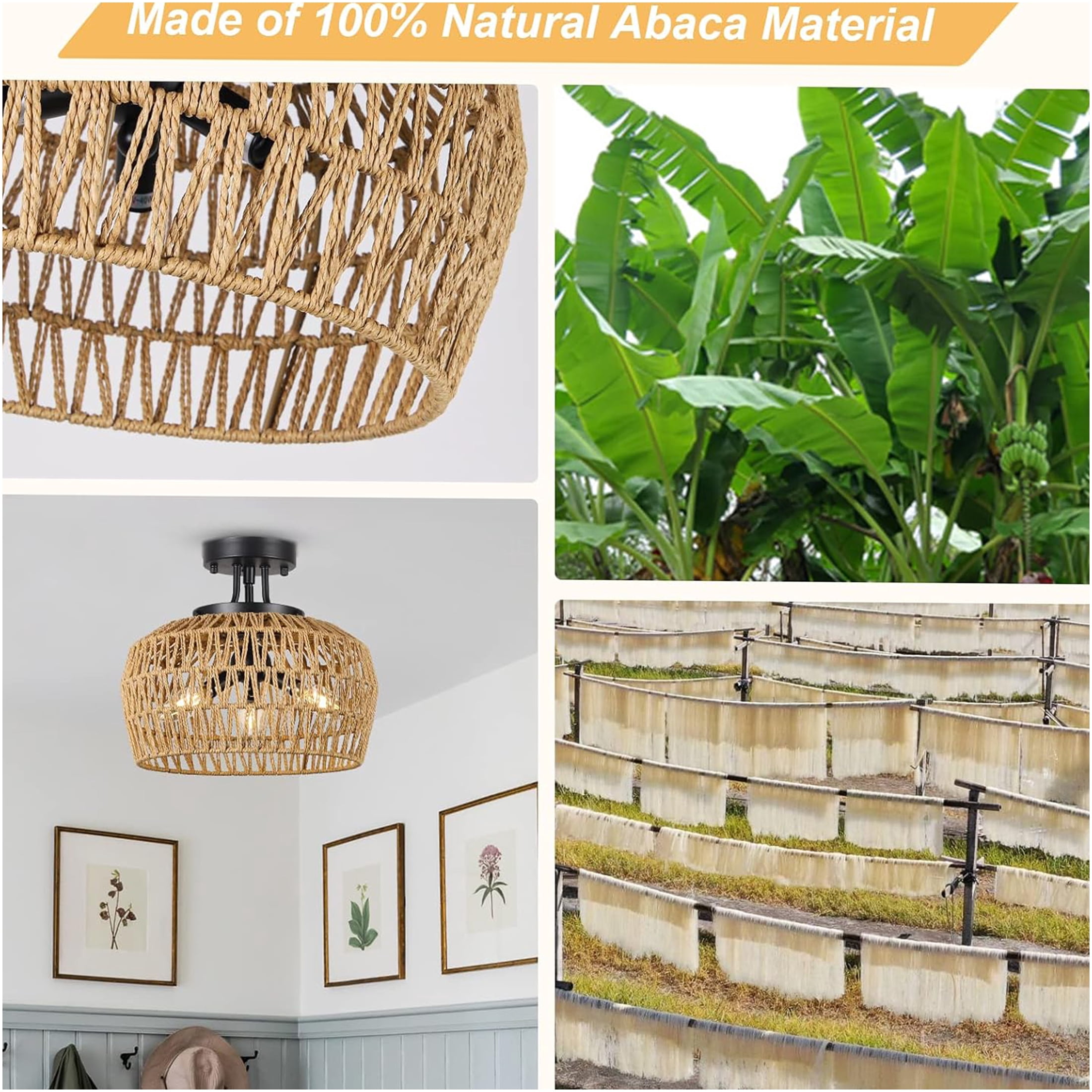 JERFIT 3-Light Semi Flush Mount Ceiling Light Fixture, Handwoven Wicker Rattan Shade, Boho Chandelier for Bedroom, Kitchen, Hallway, Living Room