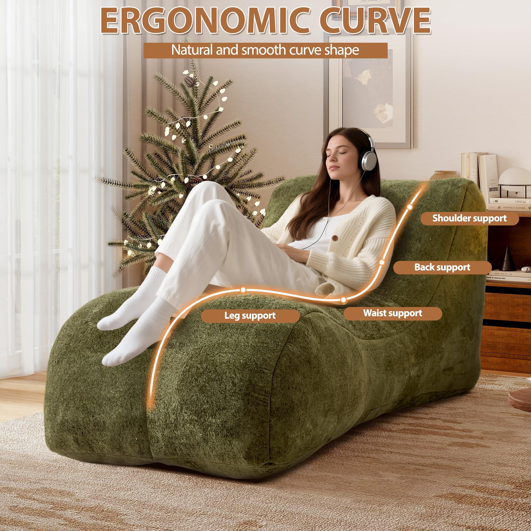 Aukfa Chaise Lounge, Bean Bag Sofa for Stretching, Relaxation, High Density Foam Recliner, Olive