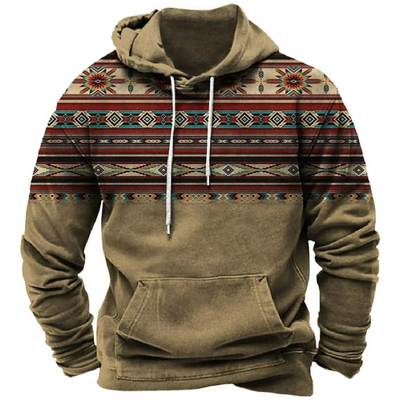 Penkiiy Mens Hoodies Fall Winter Trendy Color Patchwork Retro Printing Leisure Long Sleeve Drawstring Hooded Sweatshirts Khaki
