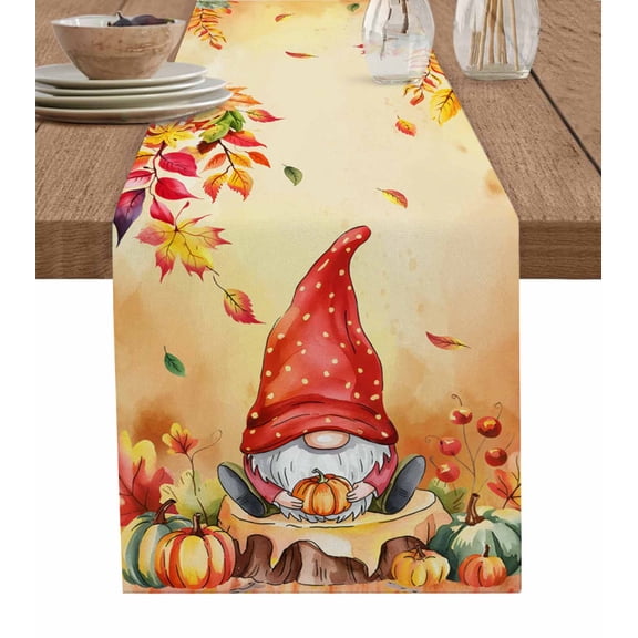 ERUNPONLY Red Gnomes Fall Table Runner - 72 Inch Long Thanksgiving Pumpkin Maple Eucalyptus Rustic Cotton Linen Blended Dress Scarves Farmhouse Table Runner for Kitchen Dining, Coffee Table, 16"x72"