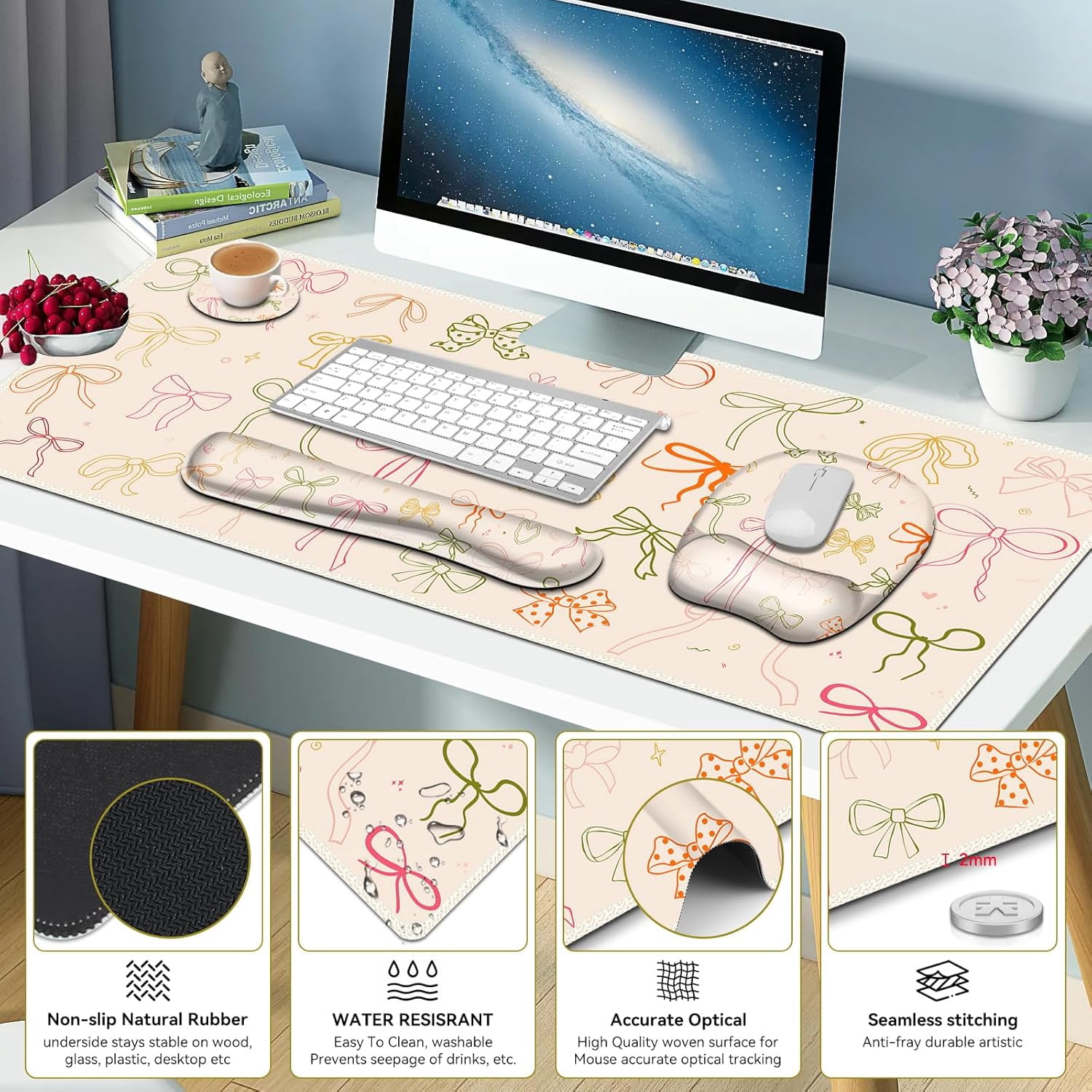 Apricot Mouse Pad with Wrist Support 4 in1 Set, XXL Big Game Mousepad + Keyboard Wrist Rest + Mouse Wrist Rest Pad +Coaster Gaming Mat for Home Office Work Computer I Colorful Cute Girl's Bow
