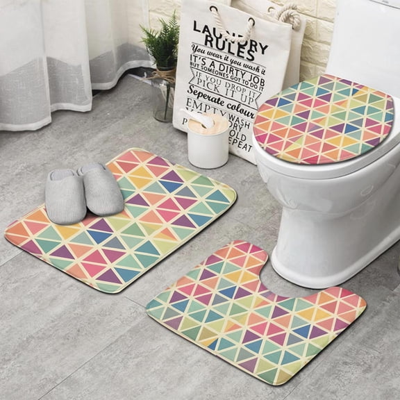 Multi Color Triangle Checkered Pattern Bathroom Rugs Sets 3 Piece,Toilet Cover Set,Absorbent Non Slip Bathroom Mats Sets with U-Shaped Contour Rug Toilet Rug Set