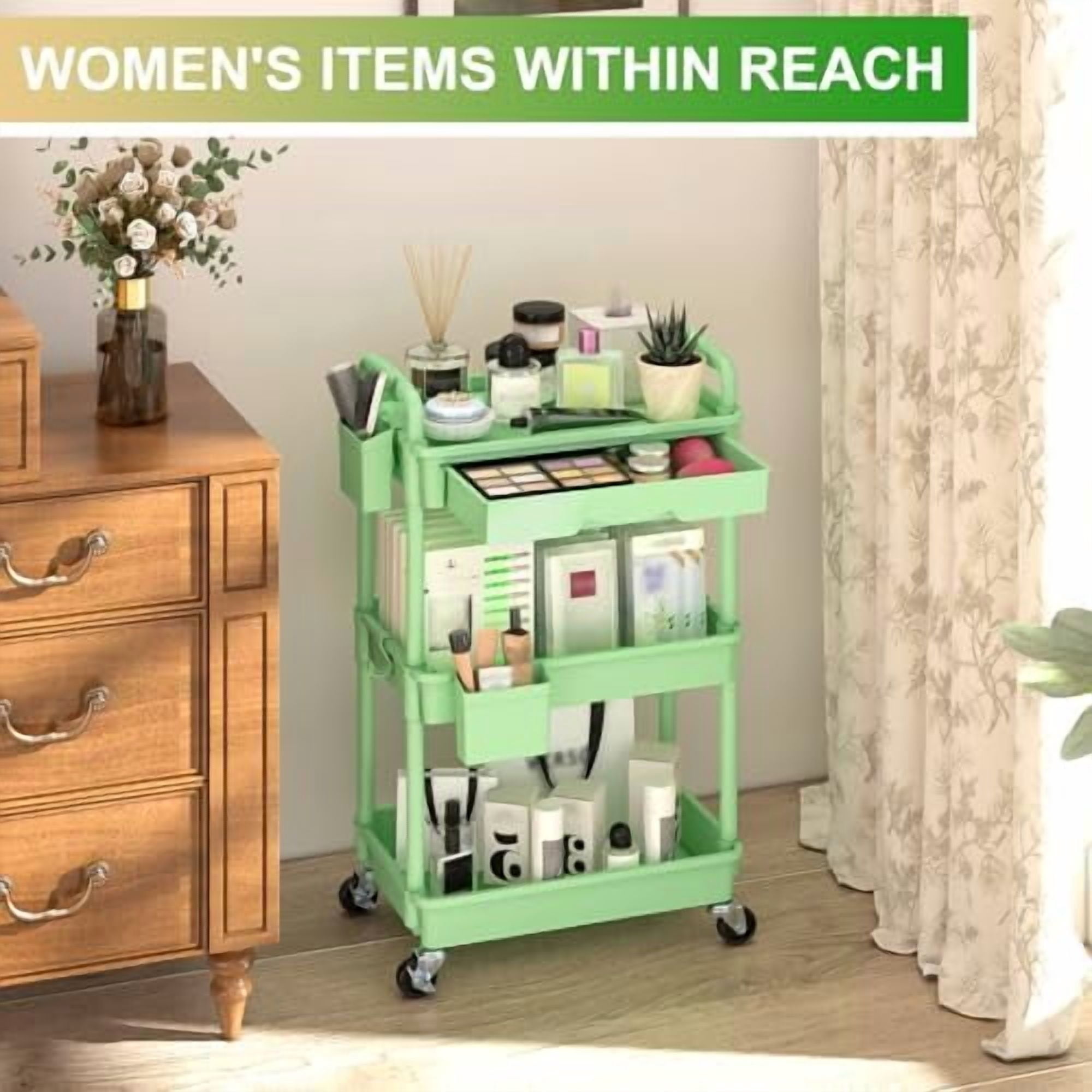 3 Tier Rolling Utility Cart Organizer with Removable Drawer, Stable and Sturdy Green Rolling Storage Carts with 2 Lockable Wheels for Bathroom, Kitchen, Snack, Craft, Makeup, Baby Essentials