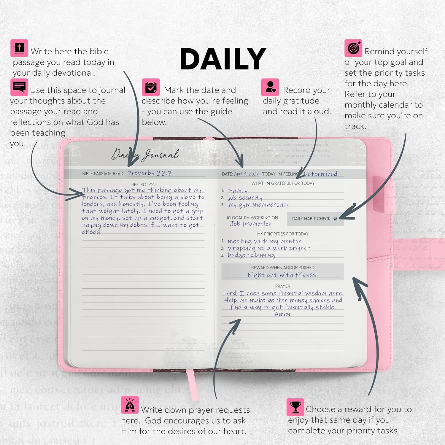 Prazoli Prayer Journal for Women - Daily Devotional Journaling Book for Women, Religious Baptism & Christian Gifts & Bible Study Supplies for Church Note Taking, Devotional Notebook Accs | Pink Dove