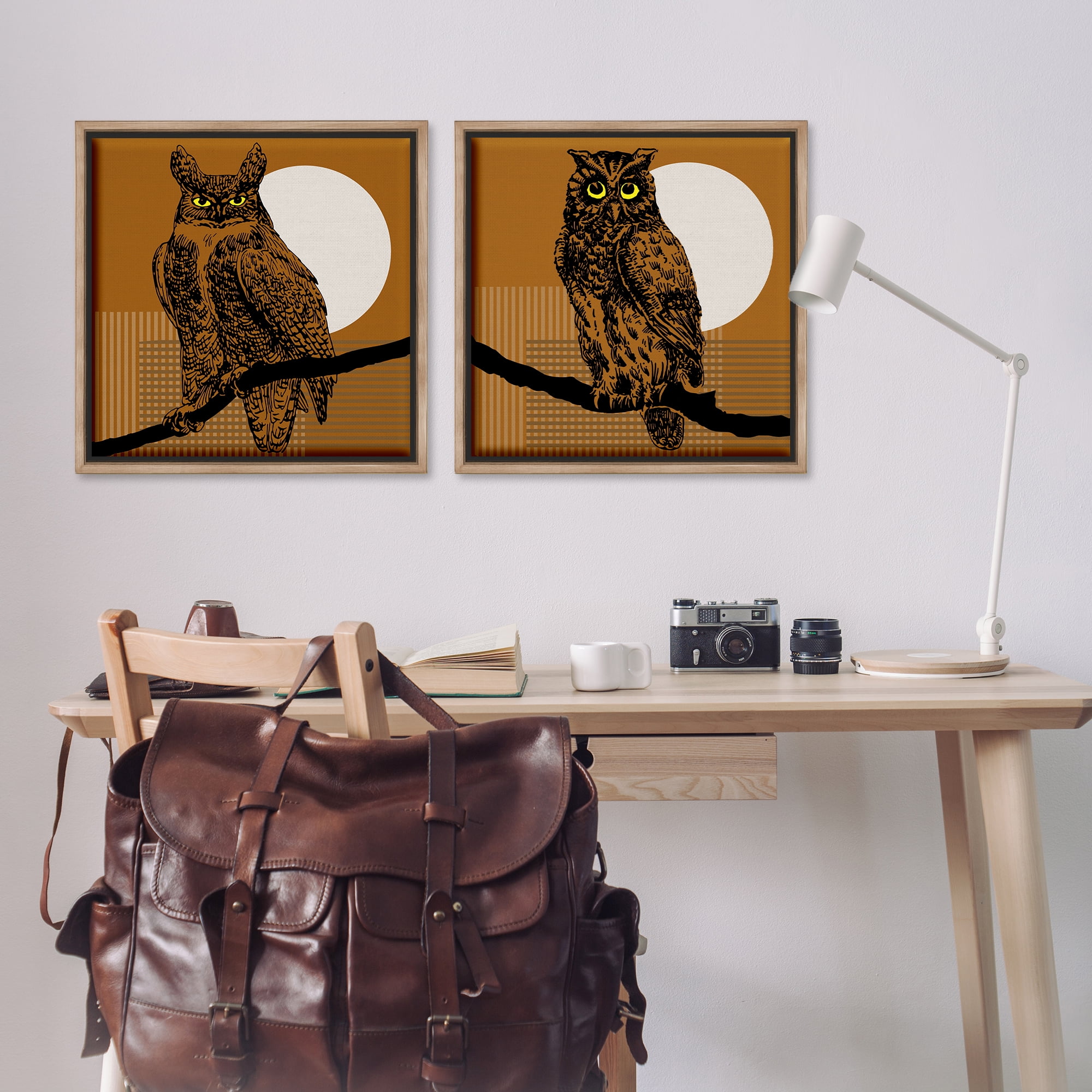 Stupell Industries Full Moon Owls on Branch Animals Painting Brown Floater Framed Canvas Art Print Wall Art, 25 x 25, Set of 2
