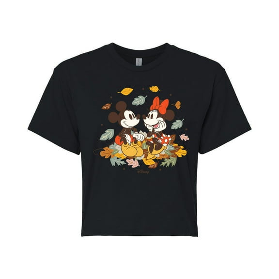 Disney - Mickey Minnie Leaf Pile - Juniors Cropped Cotton Blend T-Shirt