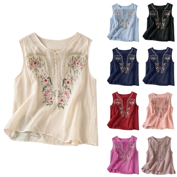 Women's Linen Sleeveless Tank Tops 2026 Summer Casual Boho Embroidered Loose Lightweight Blouses by Yigetop Beige L