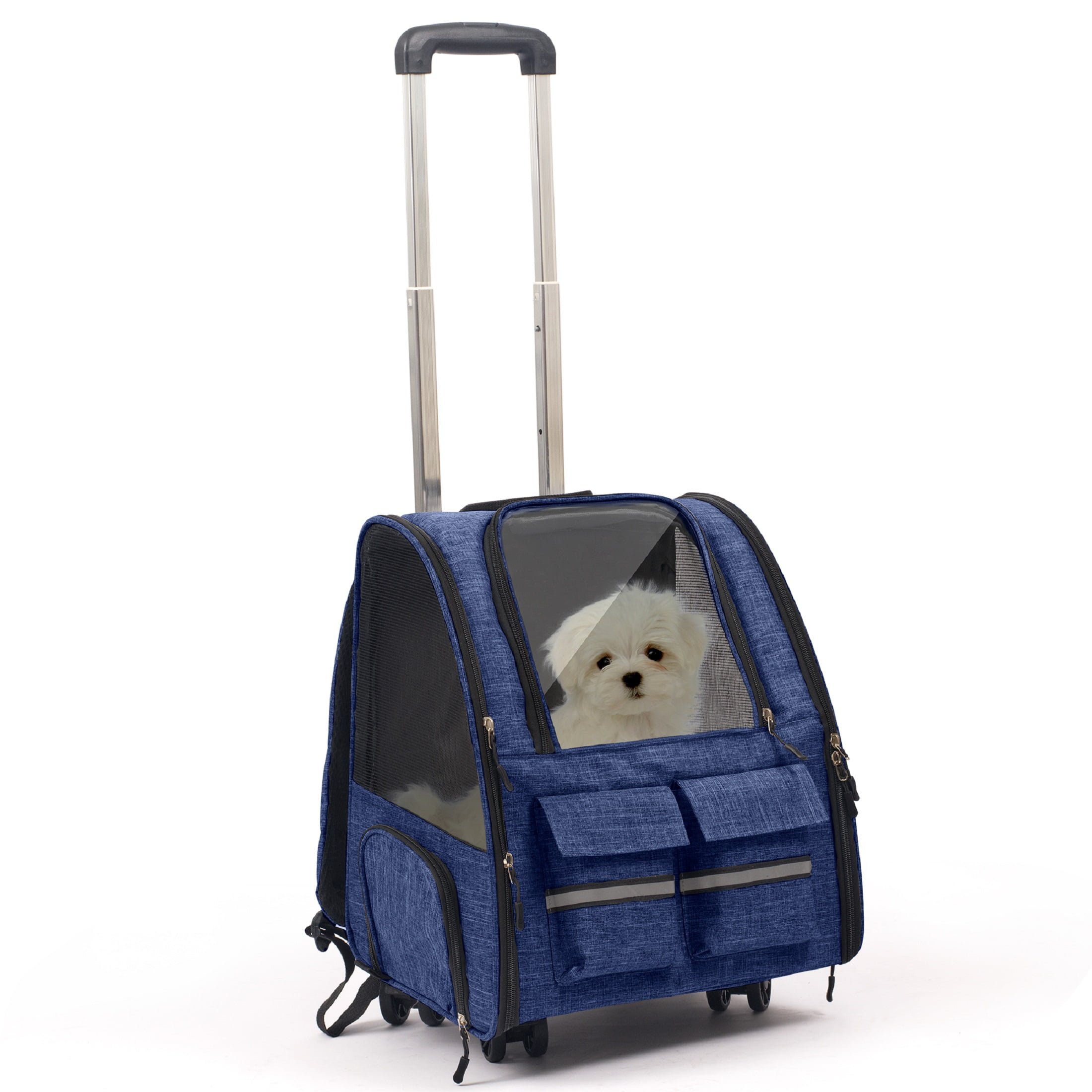 Portable and Breathable Pet Trolley Case Large Capacity Pet Air Case Going Out Dog Cat Suitcase, Blue