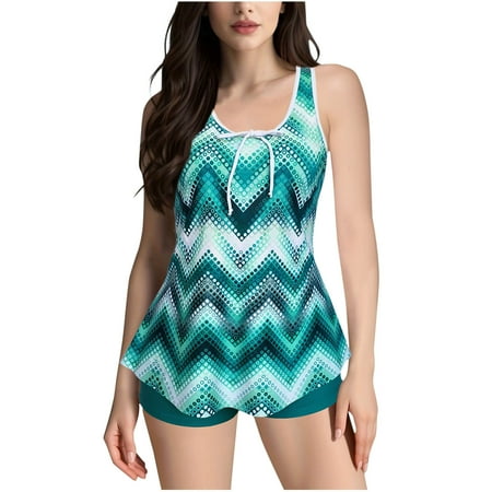 Busydd Plus Size Swimsuit for Women S-5XL Fashion Floral Print Bathing Suit for Women Two Piece Tankini Swimsuits for Women Round Neck Drawstring Tank Top with Boyshorts Oversized Swim Suits