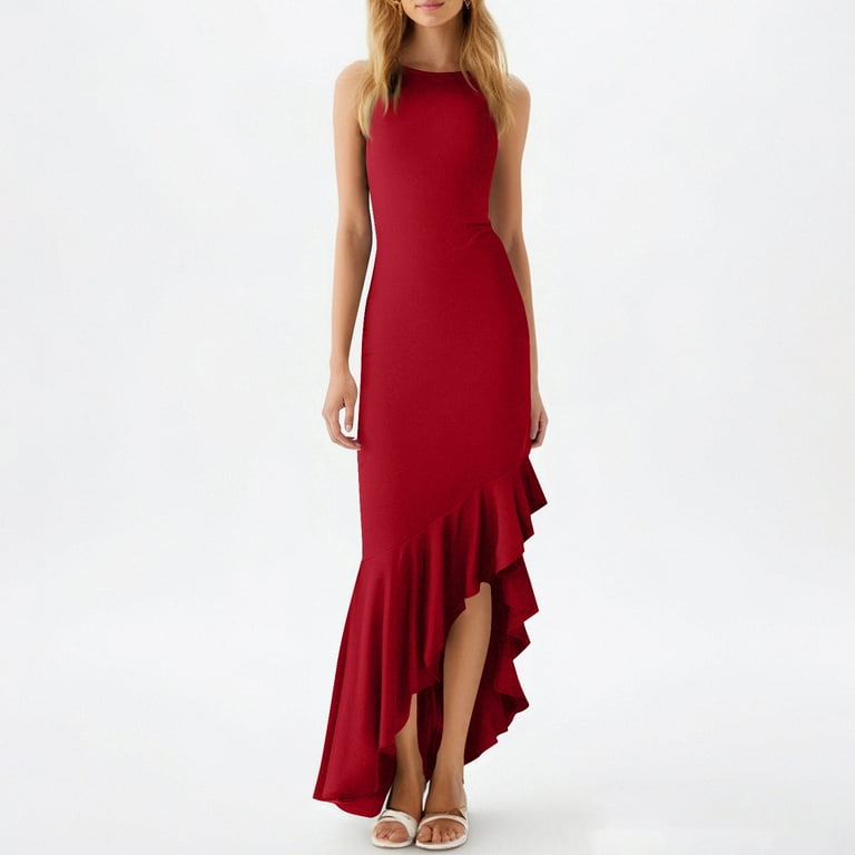 Women Elegant Wedding Guest Dress Summer Sleeveless Formal Maxi Dress  Ruffle Hem Slim Fit Cocktail Long Dresses - Walmart.com