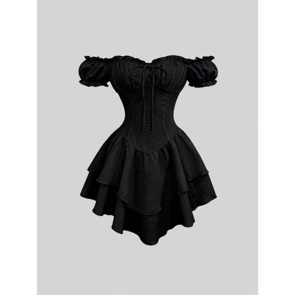 Women's Off-Shoulder Puff Sleeve Short Dress, Lace-Up Waist Asymmetric Hem Dress