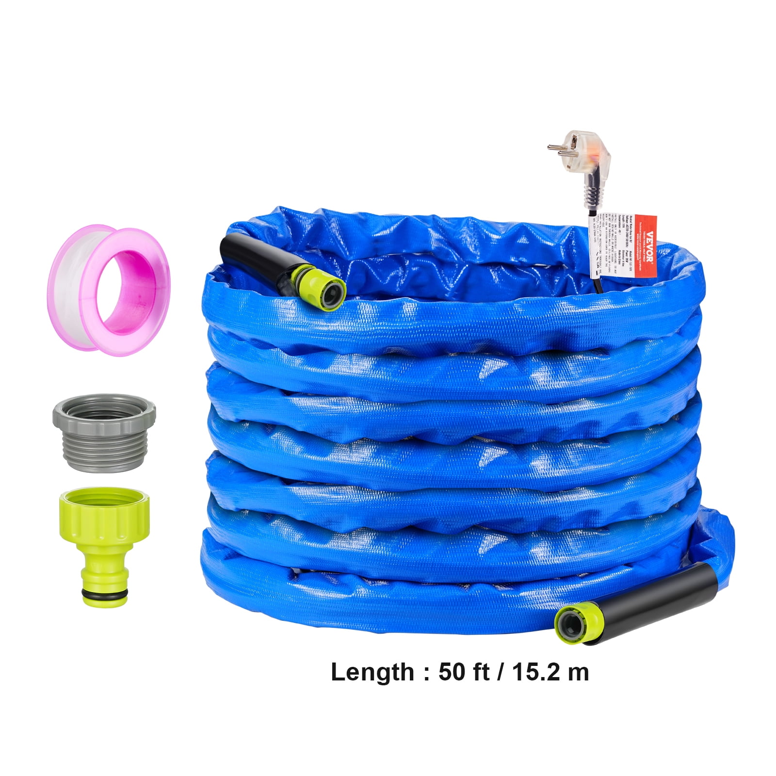 VEVOR 50ft Heated Water Hose for RV, Heated Drinking Water Hose with Corrugated Cover Antifreeze to -45°F, Automatic Self-regulating, 5/8" I.D. with 3/4" GHT Adapter, Lead and BPA Free