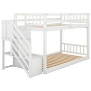Euroco Wood Twin over Twin Floor Bunk Bed with Staircase for Kids Teens Room, White