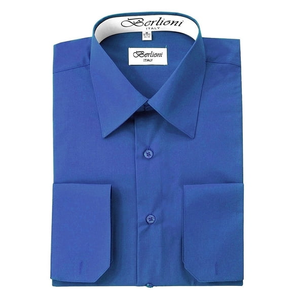 Berlioni Italy Men's Convertible Cuff Solid Long Sleeve Dress Shirt Blue