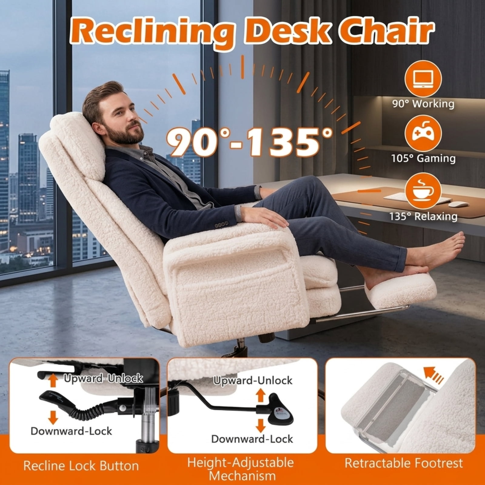 Furnibear Big and Tall Executive Office Chair 500 lbs Ergonomic Cross Legged Computer Chair with Retractable Footrest and Flip Up Arms, White