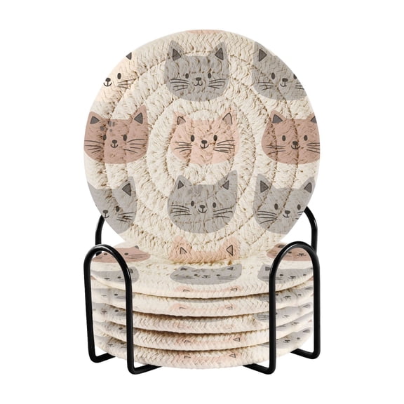 Yayeee 6 PCS Drink Coasters with Holder Set Woven Absorbent Round Tabletop Hot Pad, Gray Cat Pattern