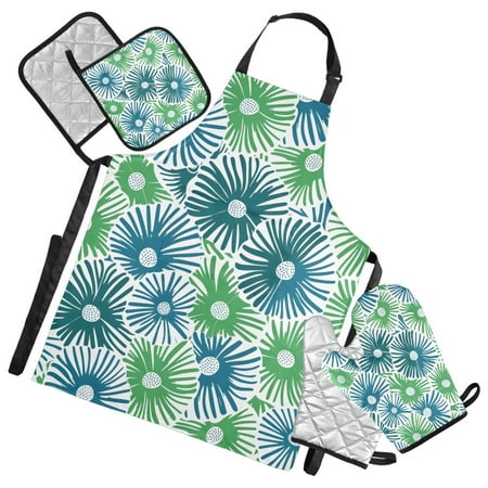 

5 Pcs Kitchen Set Heat Resistant Oven Mitts and Non-Slip Pot Holders with Adjustable Cooking Apron Creative Hand-drawn Flowers