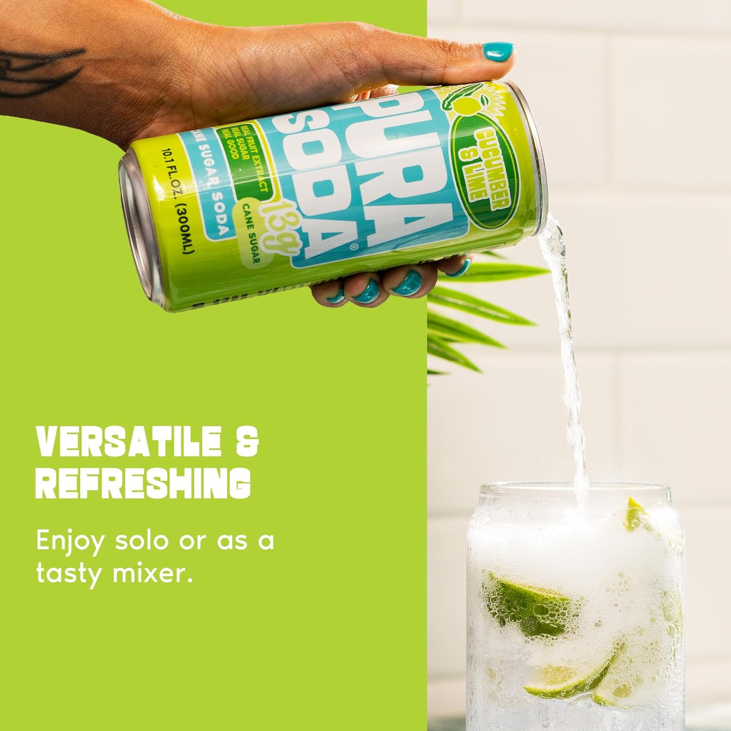 PuraSoda® Cucumber & Lime | Low-Calorie, Cane Sugar Soda Beverage | Non-GMO, Vegan | Made with Pure Cane Sugar, No Preservatives | 10.1 fl oz (300ml) Cans, 24-Pack