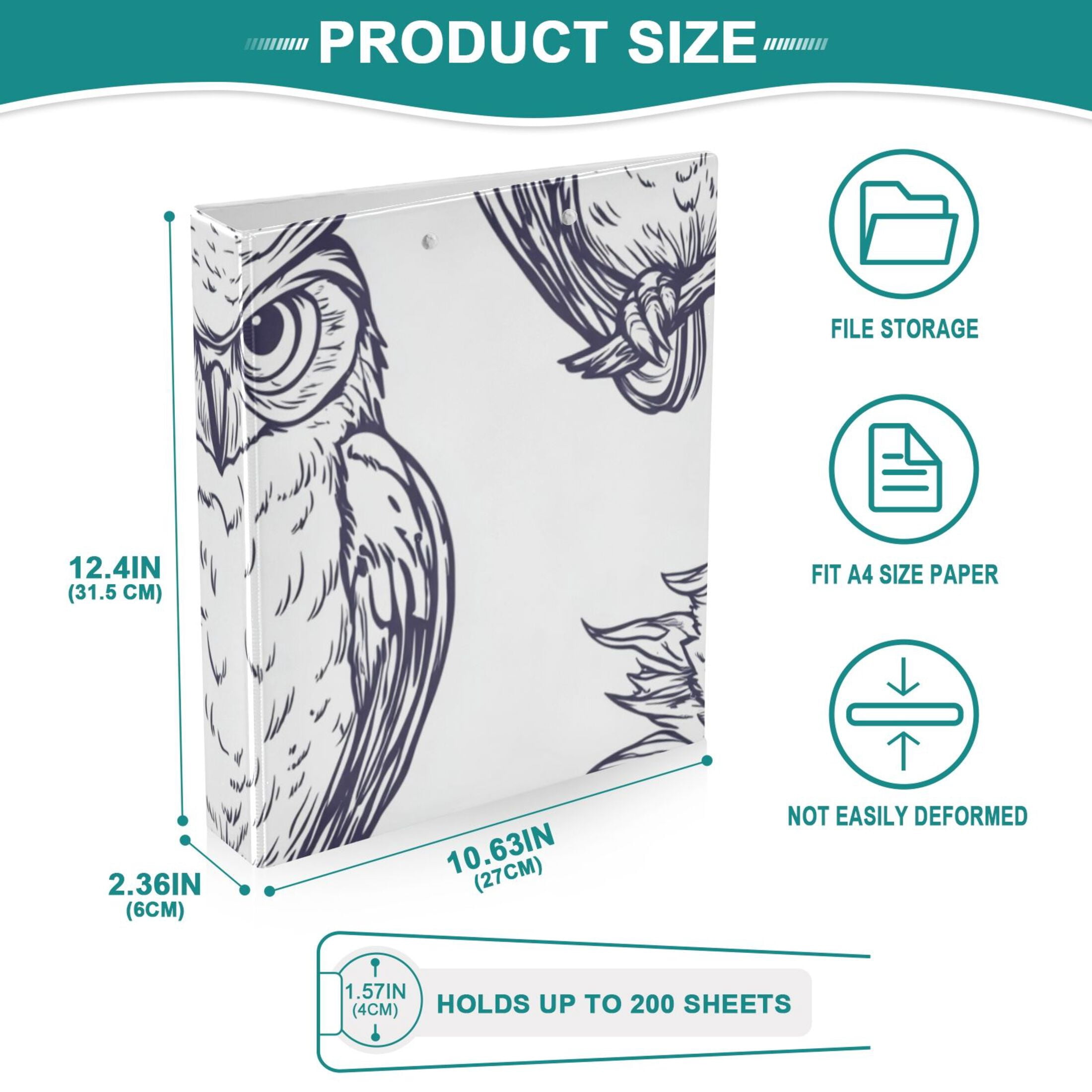 One Line Owls 3 Ring Binders 1.5 inch Hardcover File Folders with Interior Pockets A4 Size Organizer for School Office Hospital