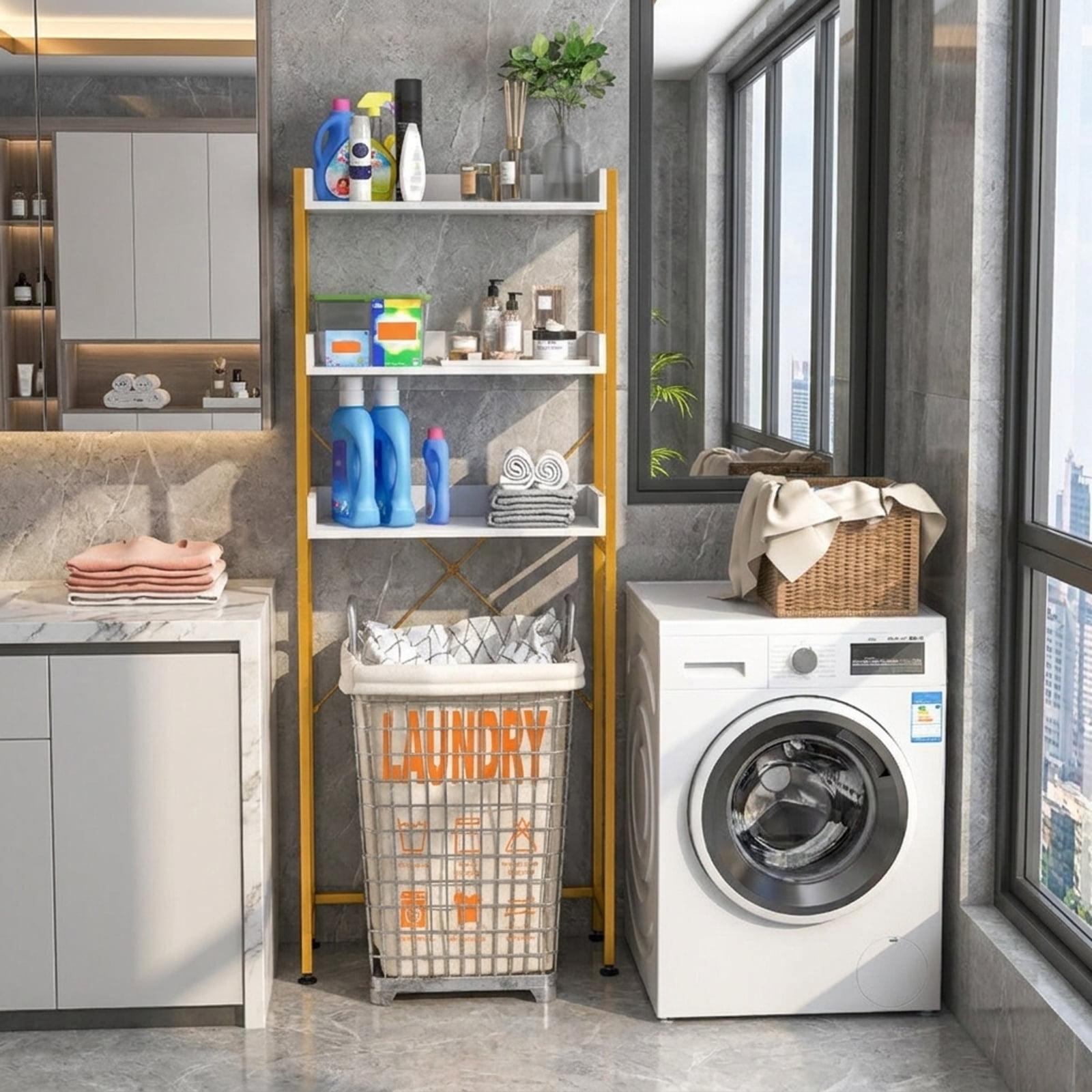 SUGIFT Over the Toilet Storage Rack with 4 Side Hooks 3 Tier Open Shelves Adjustable Bottom Bar Rustproof Metal Frame and X Shaped Structure, White
