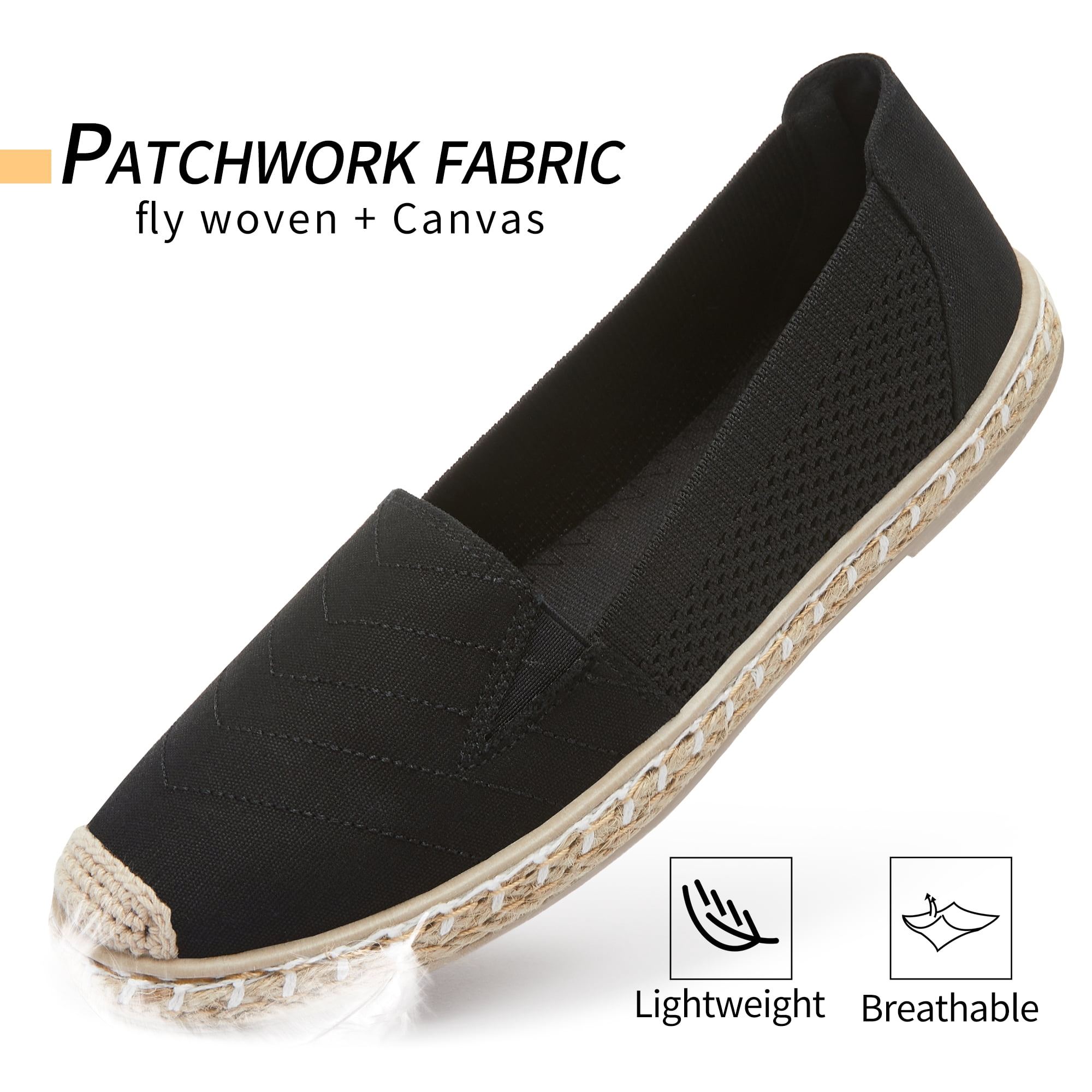 AOMAIS Women Espadrille Flats Mesh Knitted Shallow Slip Ons Comfy Breathable Canvas loafers Casual Daily Walking Shoes for Lady(Black US9)