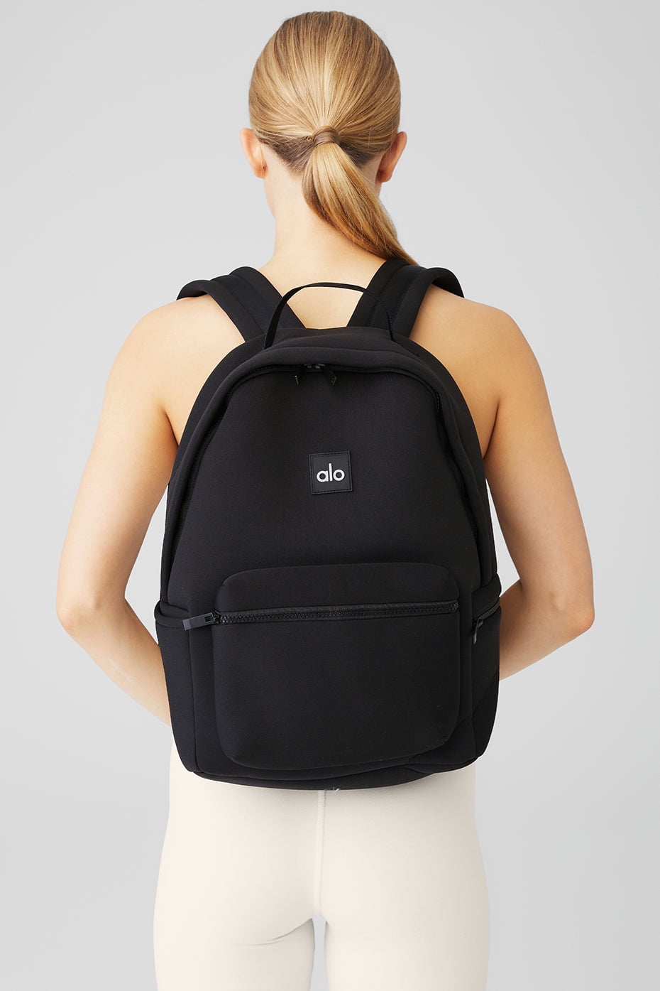 Alo Yoga Stow Backpack in Black Neoprene with Detachable Pouch