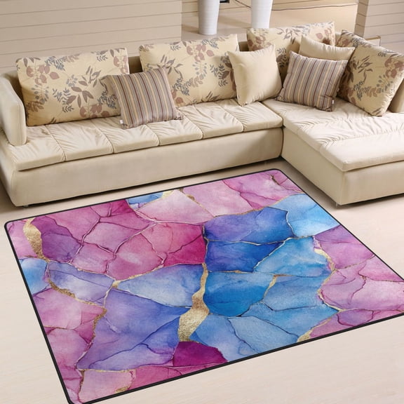 Yayeee Area Rugs for Living Room 5.2'x4' Non Slip Washable Bedroom Floor Carpet, Watercolor Blue Marble Pattern