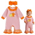 thumbnail image 5 of eczipvz Baby Girl Striped Waffle Knit Romper Set, Pumpkin Embroidery Ruffle Long Sleeve Jumpsuit with Matching Bow Headband, Fall Infant Outfit Orange 12-18 Months, 5 of 9