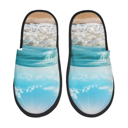 Balery Sunny Ocean Waves Slient Indoor Furry Fleece Comfort House Shoes Soft Non-Slip Home Shoes Cotton slippers House Slippers-- Large