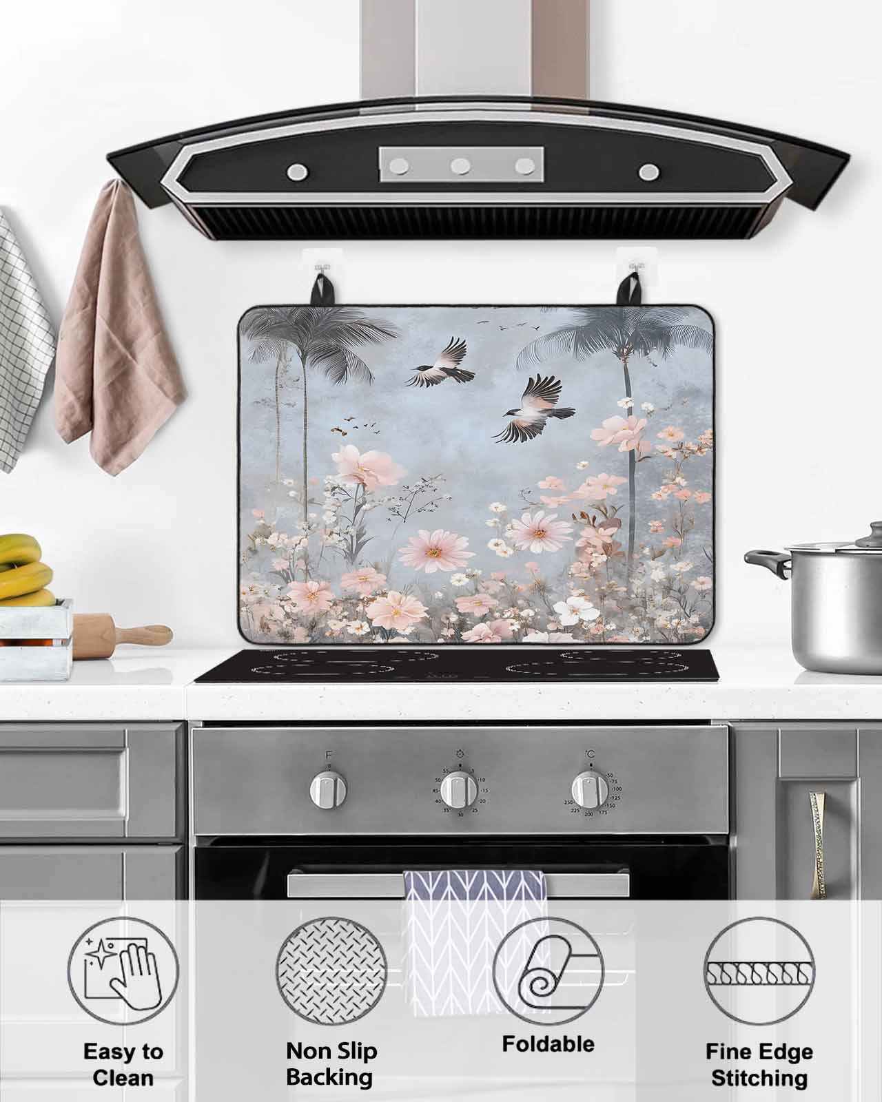 nqOlkjepod Large Induction Cooktop Protector Mat 24"x21", Spring Floral Stove Top Covers for Electric Stove, Watercolor Birds Tree Botanical Flower Stove Burner Cover Mats, Glass Top Stove Cover