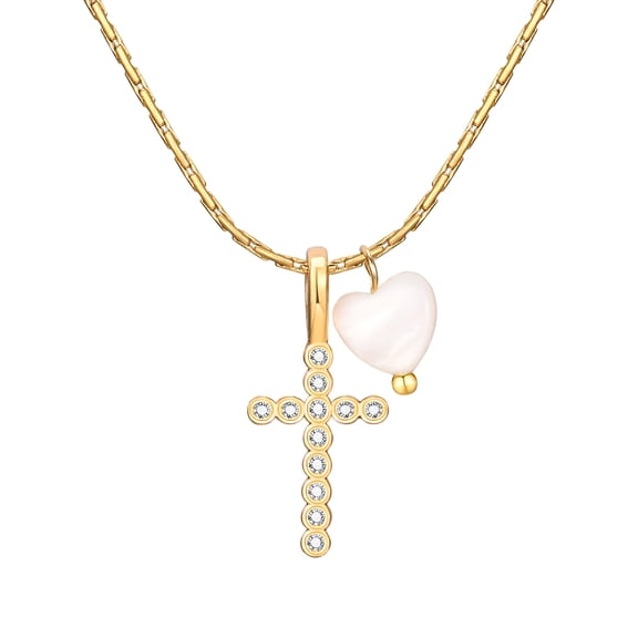 Delicate Cross Necklace : Gold Plated Pearl Heart Cubic Zirconia Cross Chain Necklace Christening Jewelry Baptism First Communion Confirmation Easter Gifts Teen