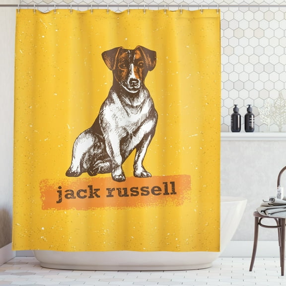 Jack Russell Shower Curtain, Grunge Composition with Puppy Warm Toned Illustration, Fabric Bathroom Set with Hooks, 69W X 75L Inches Long, Orange Pale Orange Brown and White, by Ambesonne