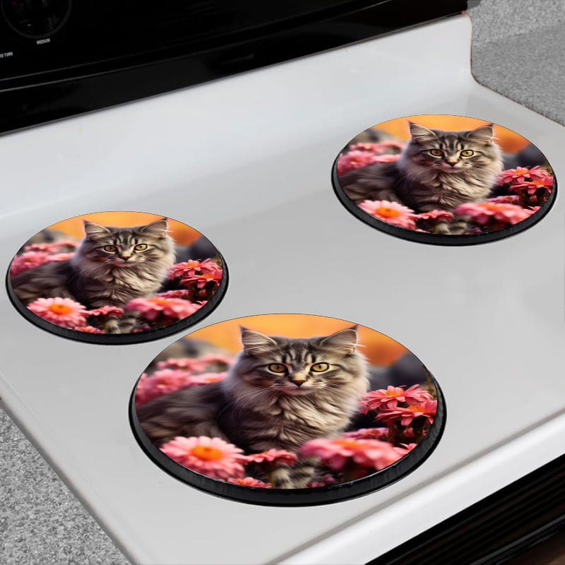 BaHomeck Electric Stove Burner Covers Set of 4,Round Metal Gas Stove Burner Covers 8 Inch and 10 Inch,Kitchen Decor,Beautiful Fluffy Cat Sitting In The Pink Flowers