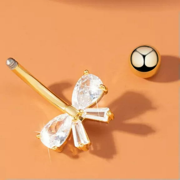 HOOUN 1pc Belly Navel Button Ring Rhinestones Bow Drop Dangle Body Piercing Jewelry-Gold