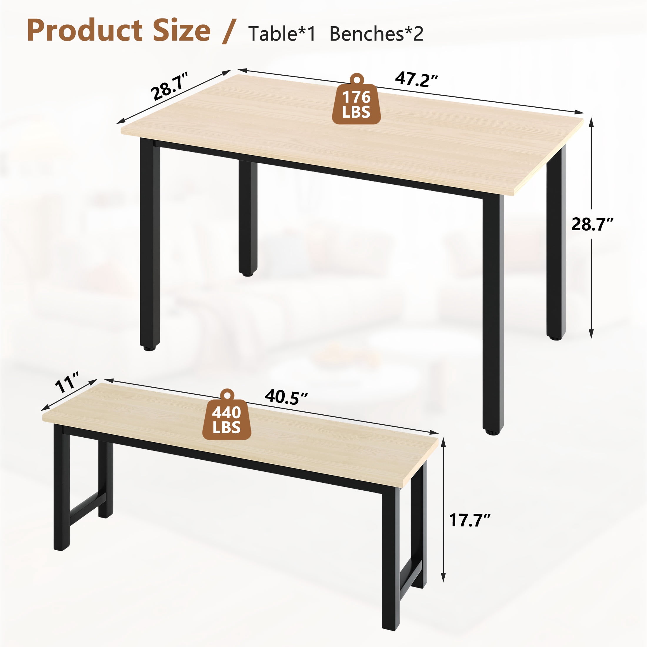 UHOMEPRO Dining Table Set for 4, Kitchen Table with 2 Benches, Modern Dining Room Table Set with Metal Frame, Breakfast Nook Furniture Set for Home Cafeteria Bar Kitchen, Natural+Black