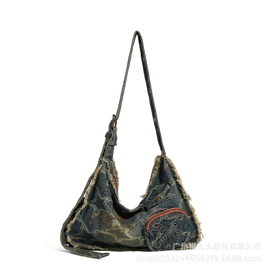 Vintage Distressed Denim Hobo Bag, Large Capacity Fringe Crossbody Purse with Adjustable Strap & Exterior Pocket for Daily/Travel Use