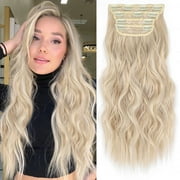 Clip in Long Wavy Synthetic Hair Extension 20 Inch Light Blonde Highlights 4PCS Thick Hairpieces Fiber Double Weft Hair for Women