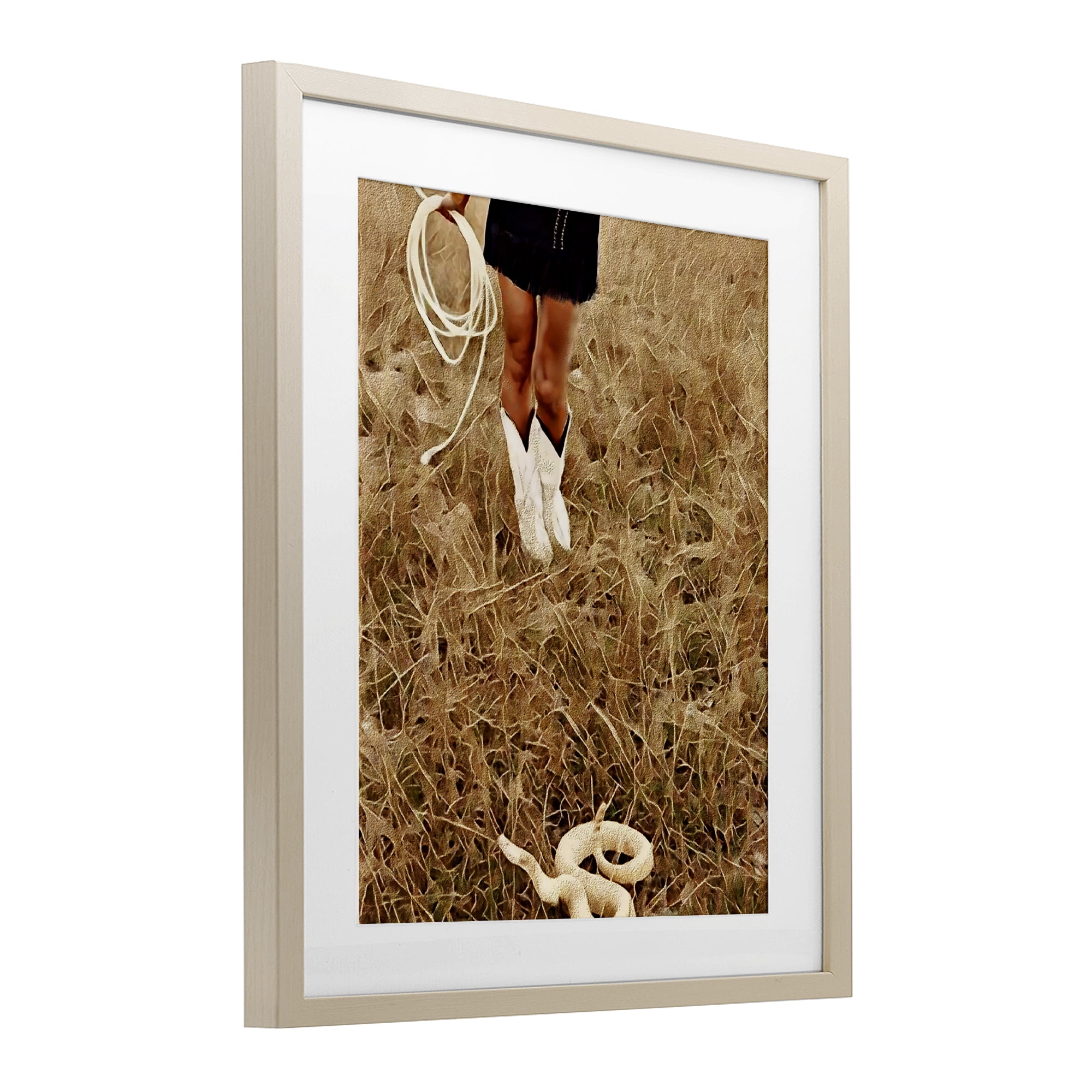 With Her Lasso & Snake Birch Framed Print Under Glass, design by Jesse Keith