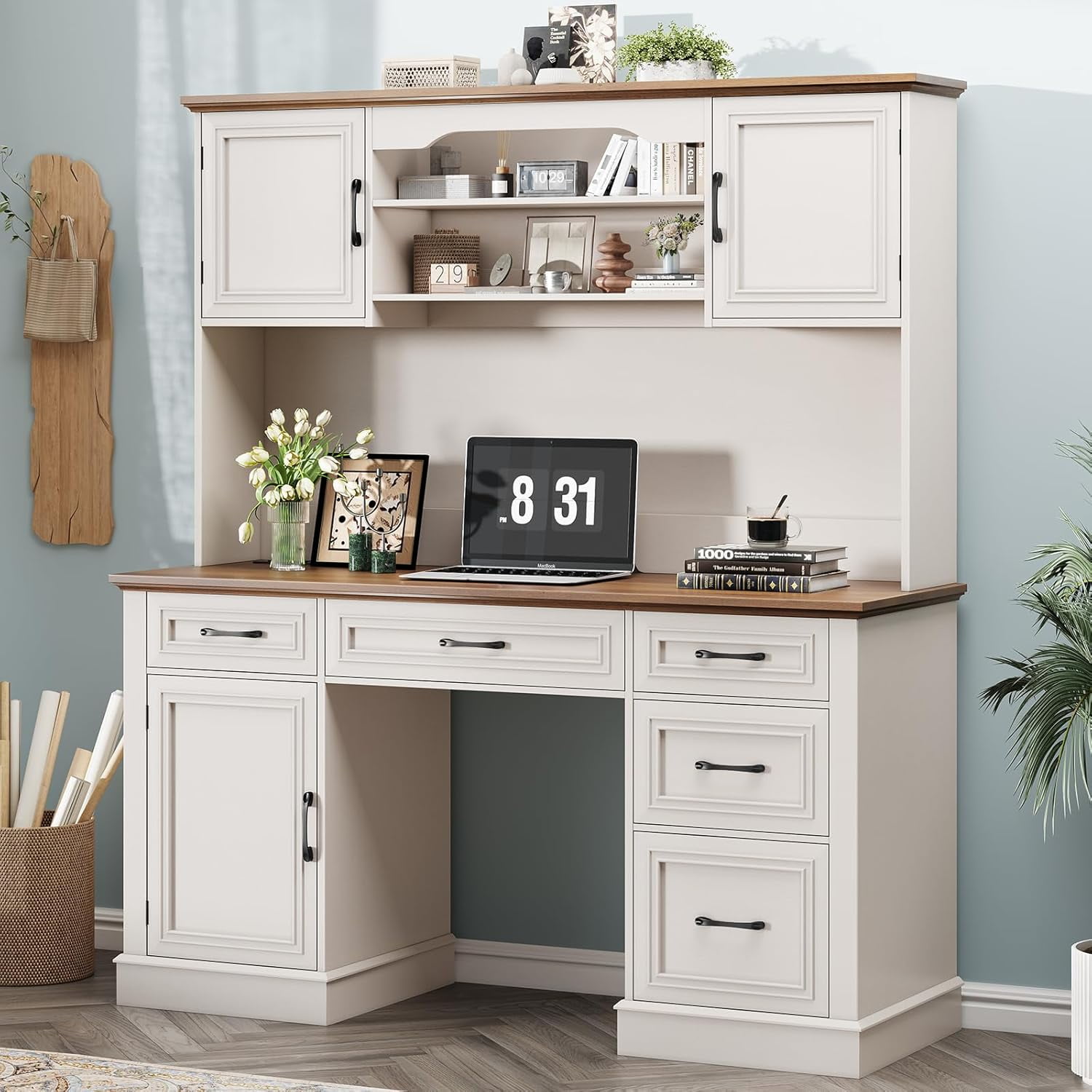 Vabches 67" H Executive Desk with Hutch and 5 Drawers, Farmhouse Computer Desk with Charging Station, File Drawer and Storage Cabinet, Wood Workstation for Home Office and Study