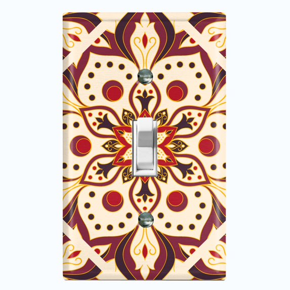 Metal Light Switch Plate Cover Beige Burgundy Mandala Flower Tile Pattern MDL032