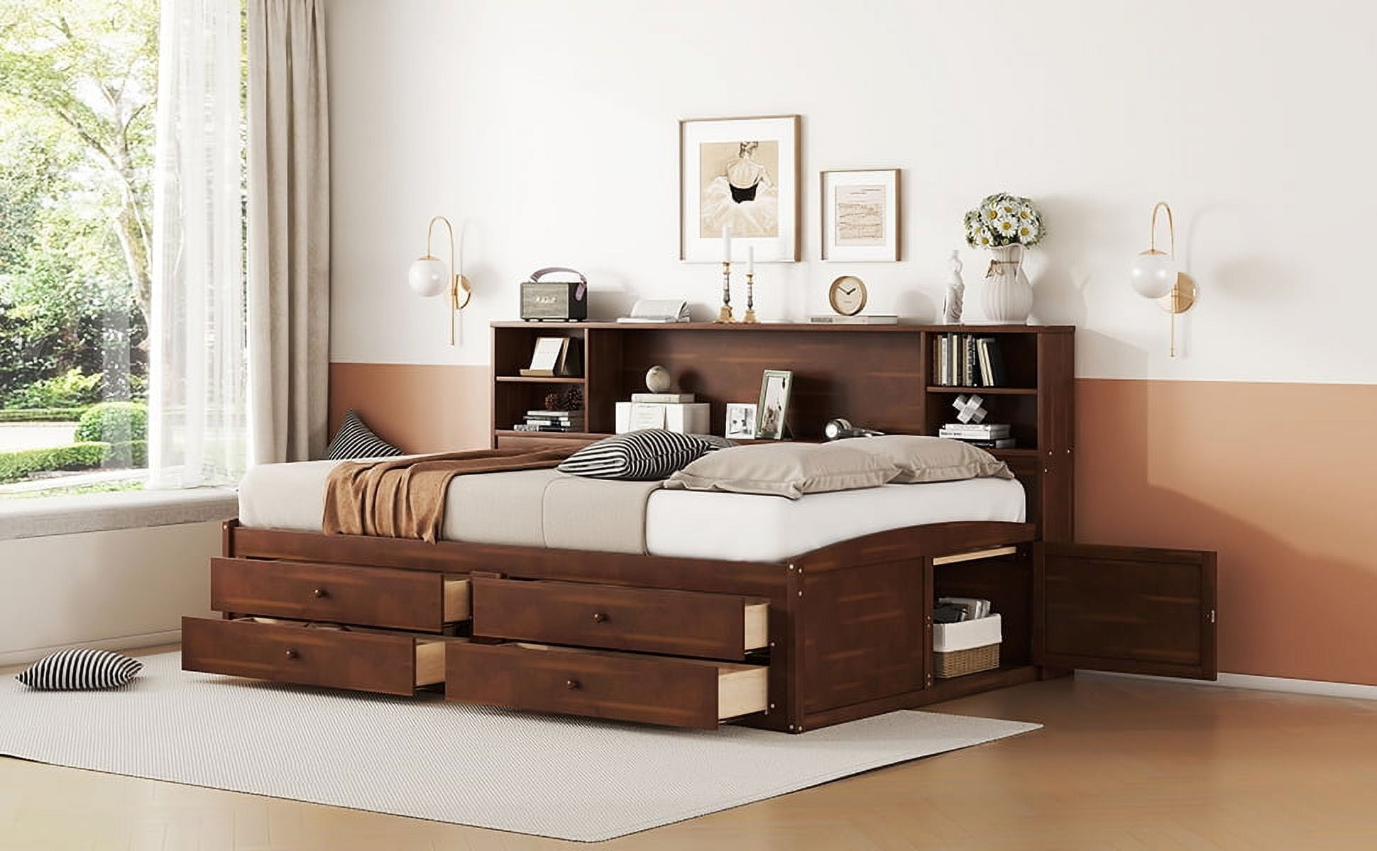 MAYEERTY Full Size Wooden Captain Bed with Built-in Storage Shelves, 4 Drawers and 2 Cabinets, Antique Brown