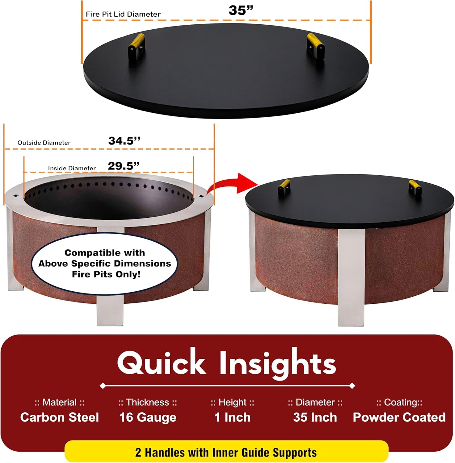 FEBTECH Solid Fire Pit Lid 35” - Fit for 34.5 Inch Smokeless Fire Pit - Carbon Steel Fire Pit Lid with Dual Wooden Handles & Powder Coating - Reliable Use as Garden Decor Fire Pit lid Accessories