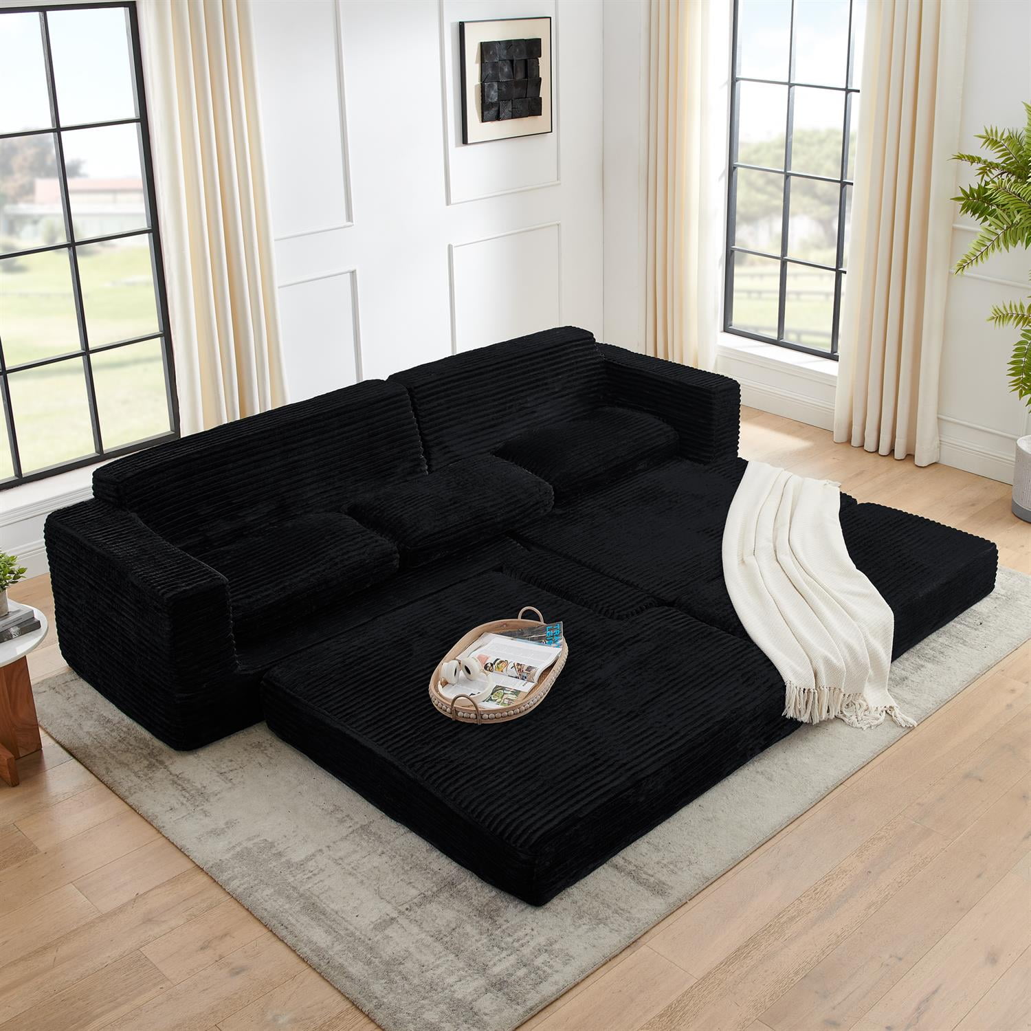 Demi Bonn 111" L Shaped Modular Sectional Sofa, Modern Corduroy Couch with Comfy Left Seat, Unfolds into Bed for Living Room, Black