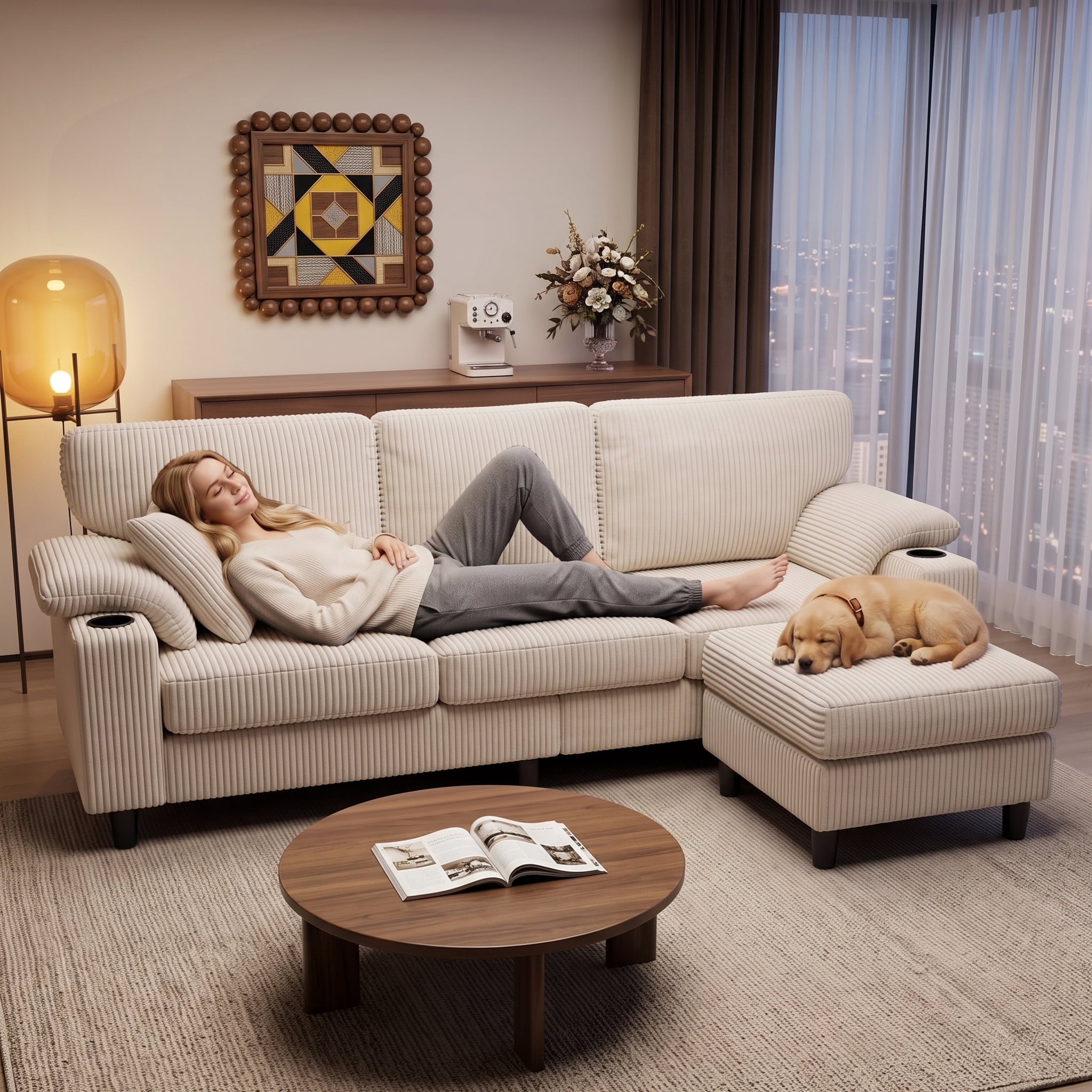 Anpport 80" L‑Shaped Corduroy Sectional Sofa, 3‑Seater Couch with Storage Ottoman, USB Port & Cup Holders for Small Spaces, Beige
