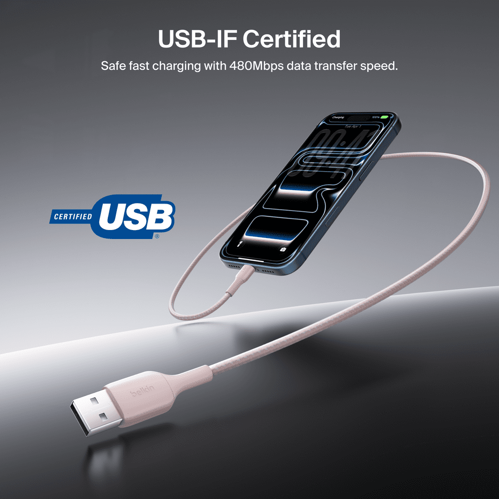 Belkin BoostCharge Braided USB-C Cable (5ft) for iPhone 16, 15, Galaxy S25, S24 & More - Rose Gold