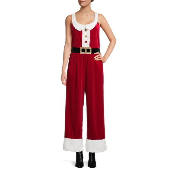 Women Christmas Overalls Sleeveless Velvet Wide Leg Romper Pants Santa One Piece Jumpsuit Novelty Holiday Costume
