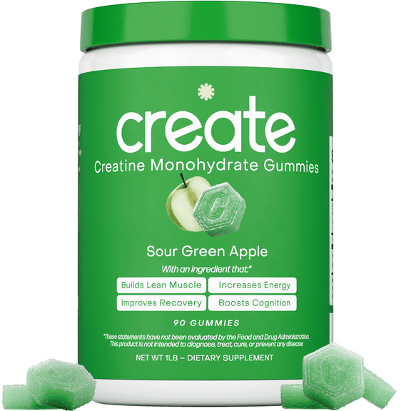 Create Sour Green Apple Creatine Gummies – 1.5g Creatine Monohydrate, Boost Strength & Focus, 90 Ct